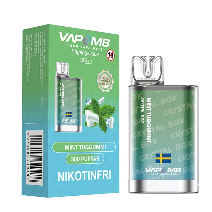 VapeM8 Crystal Box Dual Mesh – Mint Tuggummi (Nikotinfri, Engångs vape)